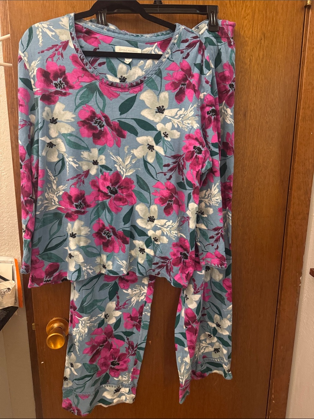 Midnight by Carole Hochman Blue Floral Long-Sleeve Pajama Set with Pink Accents